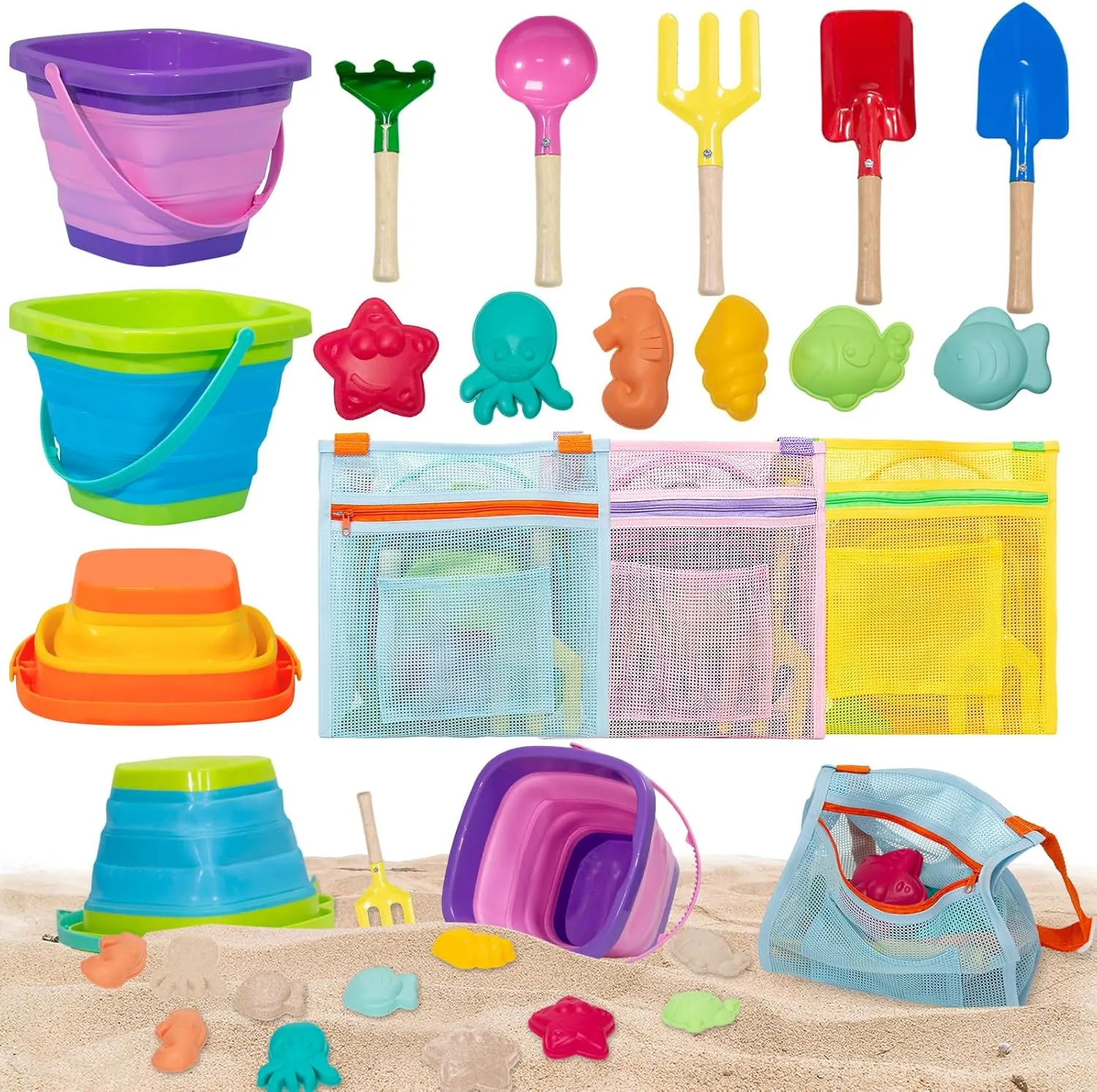 Collapsible Beach Toys for Kids Age 4-8,Sand Toys with 3 Collapsible Beach Bucket, 5 Metal Shovels, 6 Molds & 3 Mesh Bags,Folding Sand Buckets Set for Beach, Pool, Sandbox