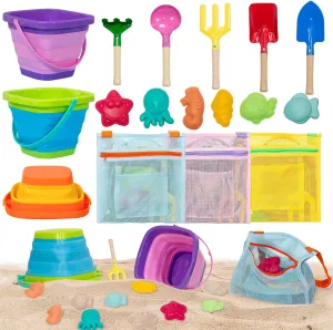 Collapsible Beach Toys for Kids Age 4-8,Sand Toys with 3 Collapsible Beach Bucket, 5 Metal Shovels, 6 Molds & 3 Mesh Bags,Folding Sand Buckets Set for Beach, Pool, Sandbox