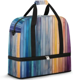 Colored Wooden Grain Travel Duffel Bag for Women Men Weekender Overnight Bag with Shoe Compartment Foldable Sports Gym Luggage Bag