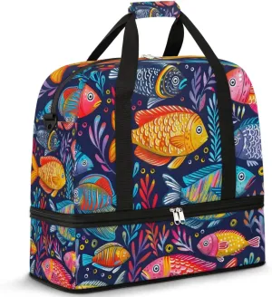 Colorful Fish Seaweed Travel Duffel Bag for Women Men Weekender Overnight Bag with Shoe Compartment Foldable Sports Gym Luggage Bag
