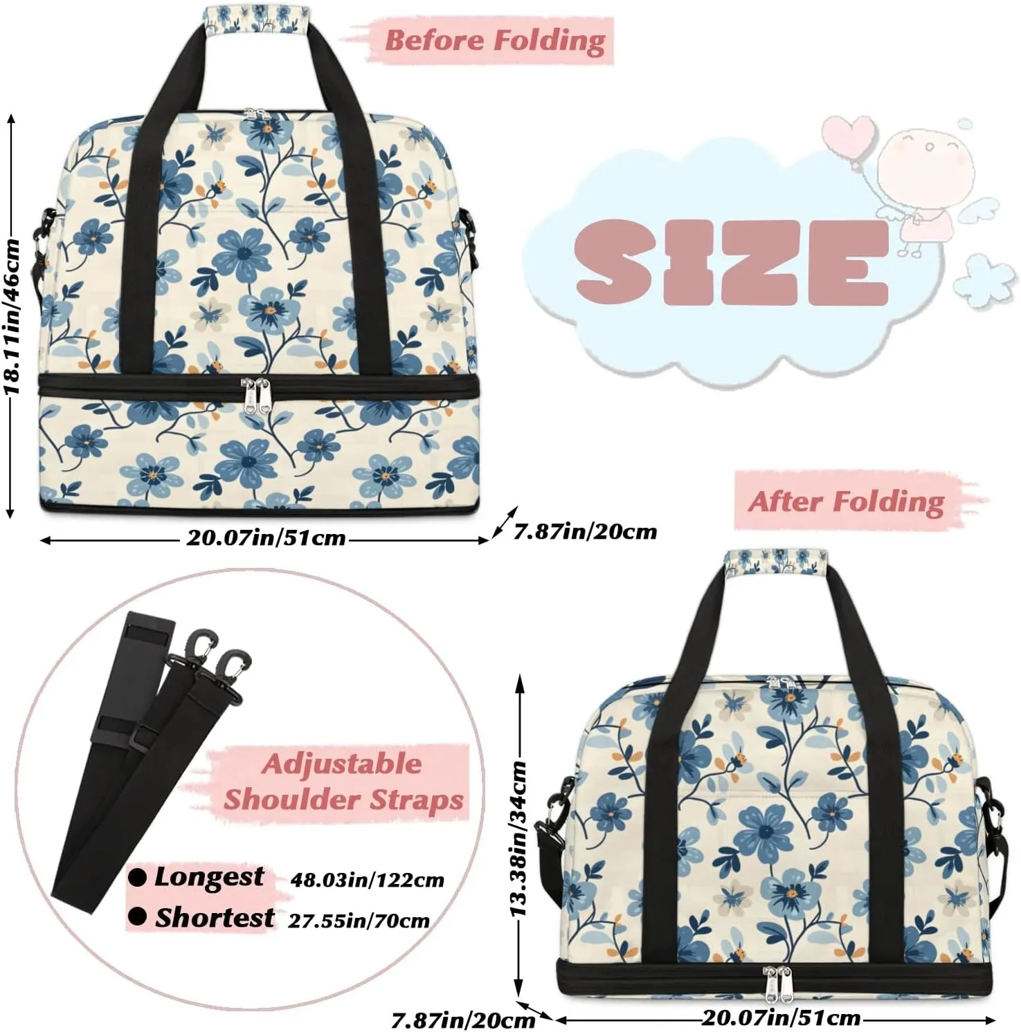 Colorful Flowers Pattern Fancy Travel Duffle Bag, Collapsible Travel Bag Sports Gym Bag With Shoes Compartment Weekender Bag Overnight Bag For Women Men