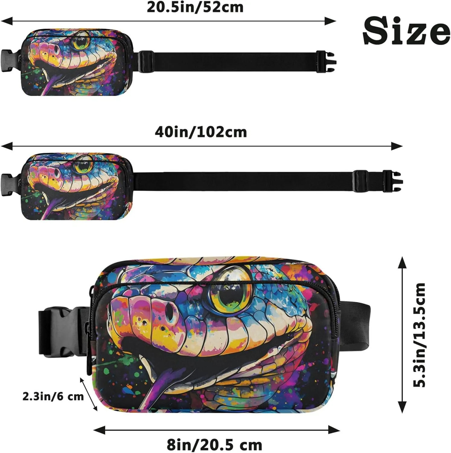Colorful Snake Head Women Fanny Packs Anti Theft Belt Bag Waterproof Trendy Waist Pouches for Men