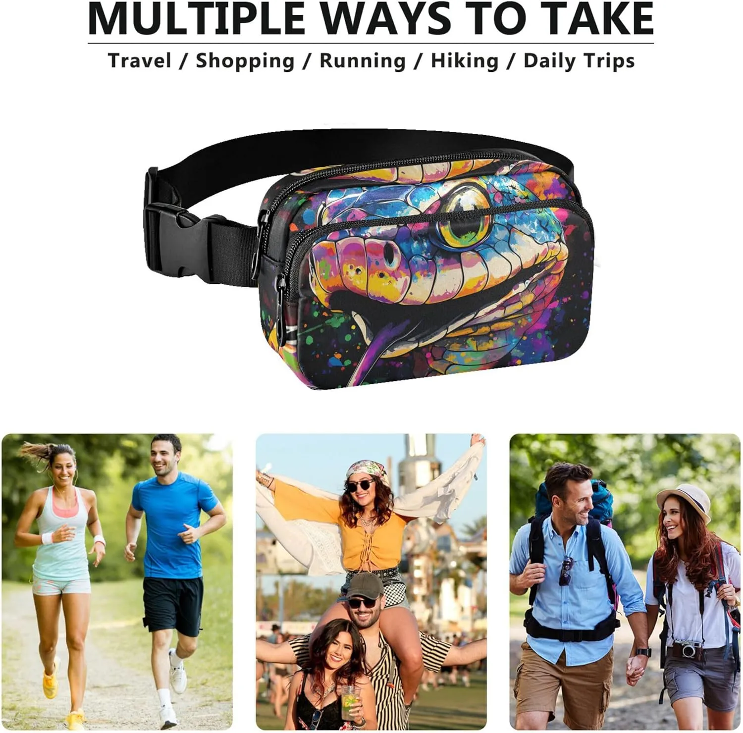 Colorful Snake Head Women Fanny Packs Anti Theft Belt Bag Waterproof Trendy Waist Pouches for Men