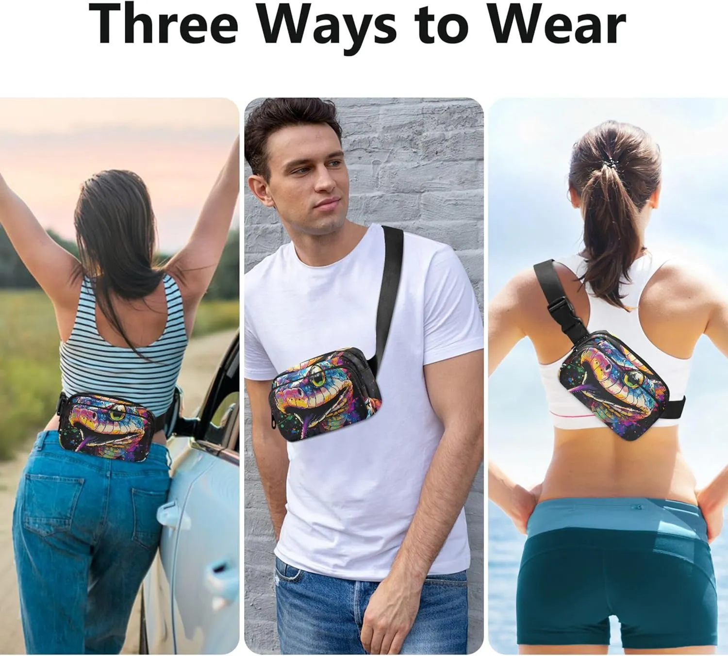 Colorful Snake Head Women Fanny Packs Anti Theft Belt Bag Waterproof Trendy Waist Pouches for Men