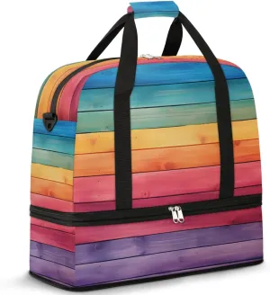 Colorful Wooden Grain Travel Duffel Bag for Women Men Weekender Overnight Bag with Shoe Compartment Foldable Sports Gym Luggage Bag