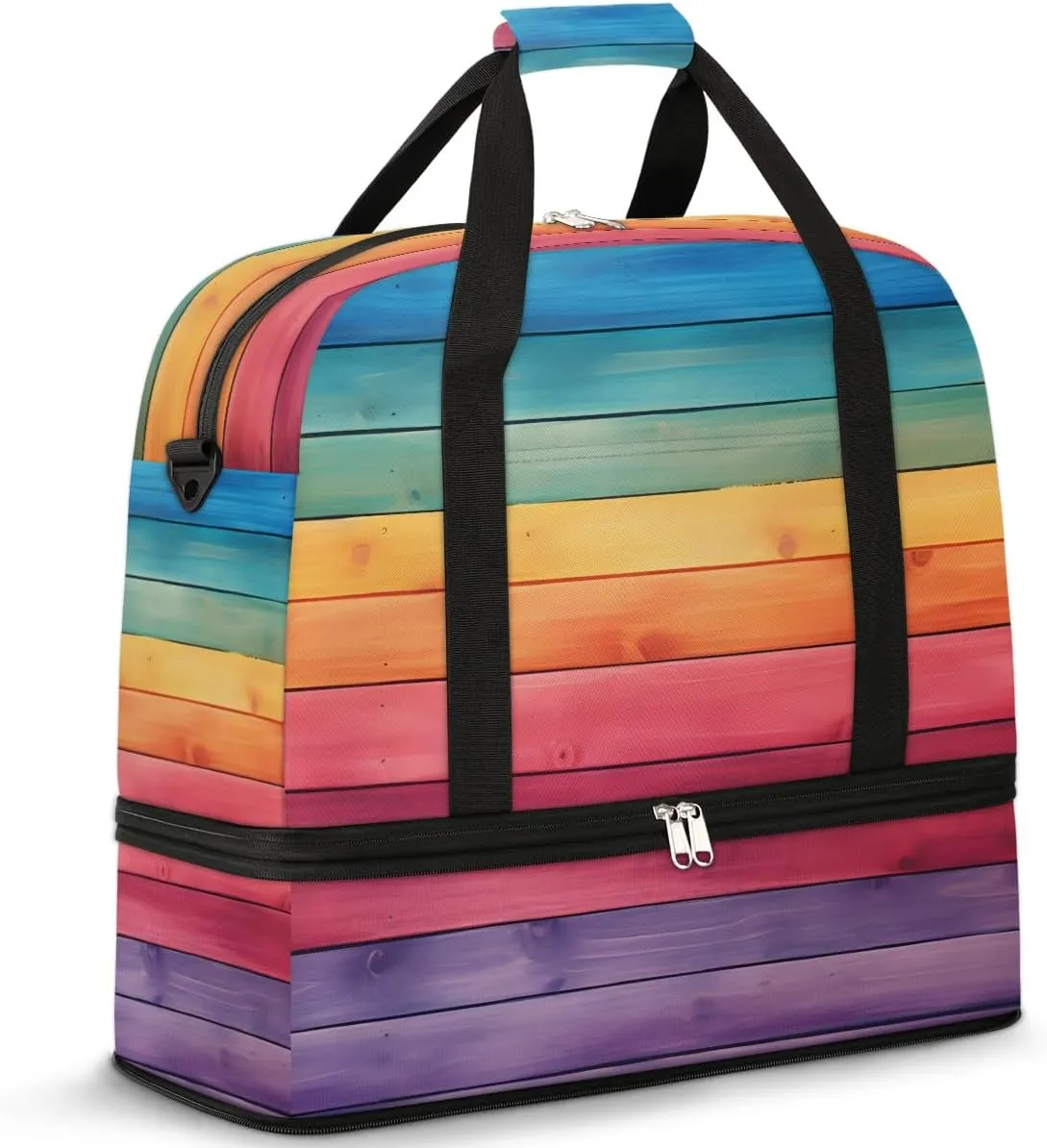 Colorful Wooden Grain Travel Duffel Bag for Women Men Weekender Overnight Bag with Shoe Compartment Foldable Sports Gym Luggage Bag