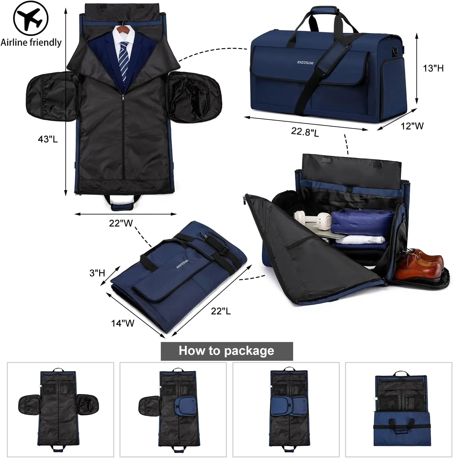 Convertible Garment Bags for Travel, Large Suit Bag Garment Duffle Bag with Shoulder Strap & Shoes Compartment, Carry On Garment Bag for Men Women-2 in 1 Hanging Suit Bags for Travel, Blue