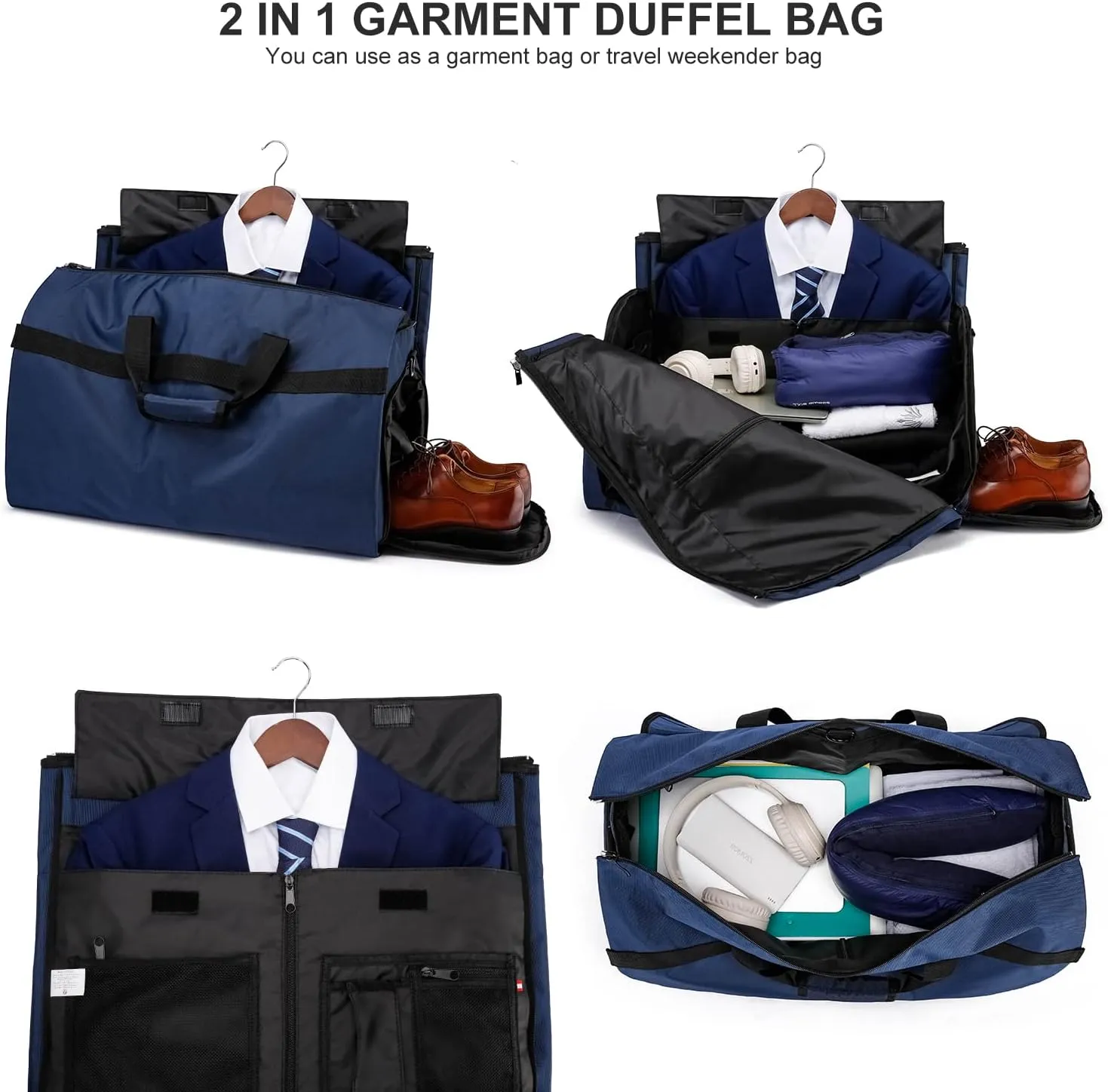 Convertible Garment Bags for Travel, Large Suit Bag Garment Duffle Bag with Shoulder Strap & Shoes Compartment, Carry On Garment Bag for Men Women-2 in 1 Hanging Suit Bags for Travel, Blue