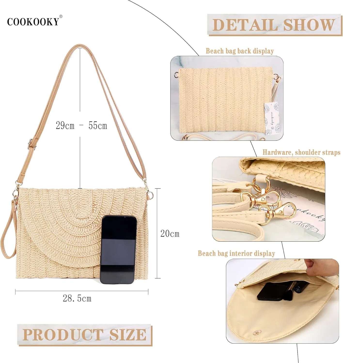 COOKOOKY Straw Clutch Handbag Summer Beach Straw Purse for Women woven Envelope Bag