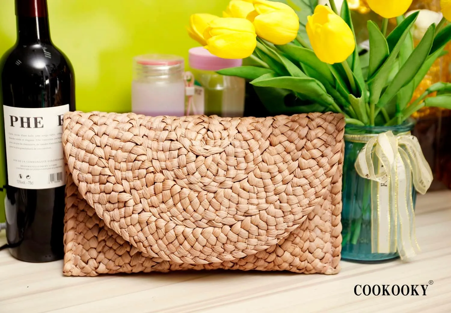 COOKOOKY Straw Clutch Handbag Summer Beach Straw Purse for Women woven Envelope Bag