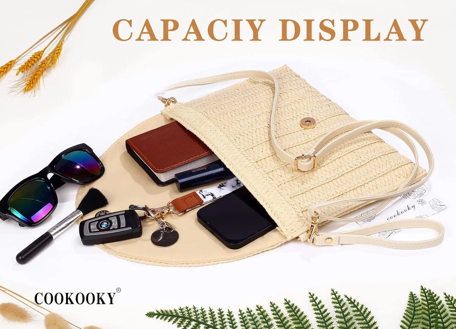 COOKOOKY Straw Clutch Handbag Summer Beach Straw Purse for Women woven Envelope Bag