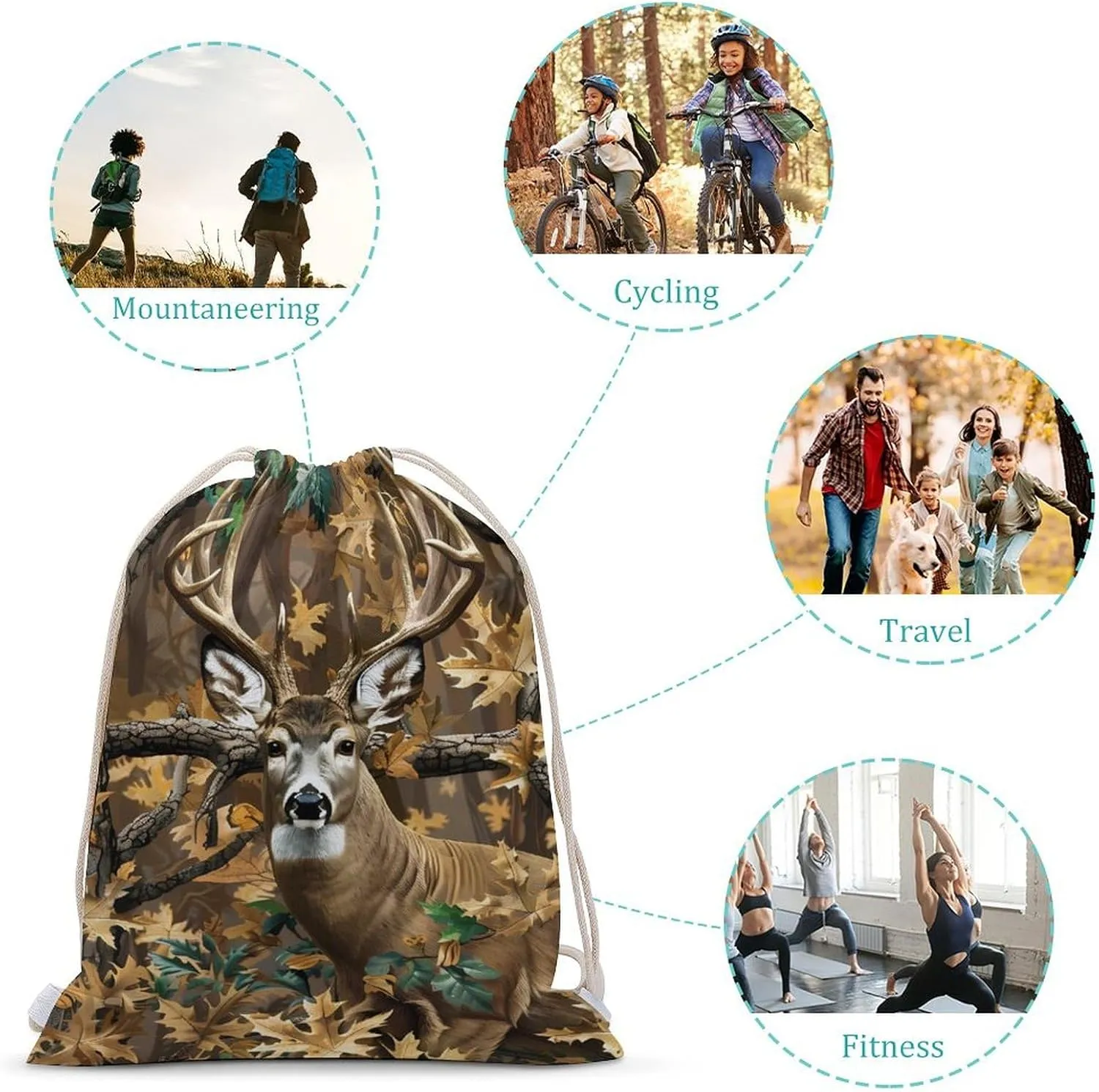 Cool Deer Camouflage Hunting Drawstring Backpack Travel String Shoulder Bag Canvas Sport Sackpack for Gym Shopping Yoga