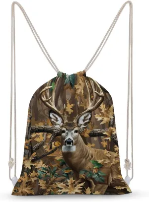Cool Deer Camouflage Hunting Drawstring Backpack Travel String Shoulder Bag Canvas Sport Sackpack for Gym Shopping Yoga