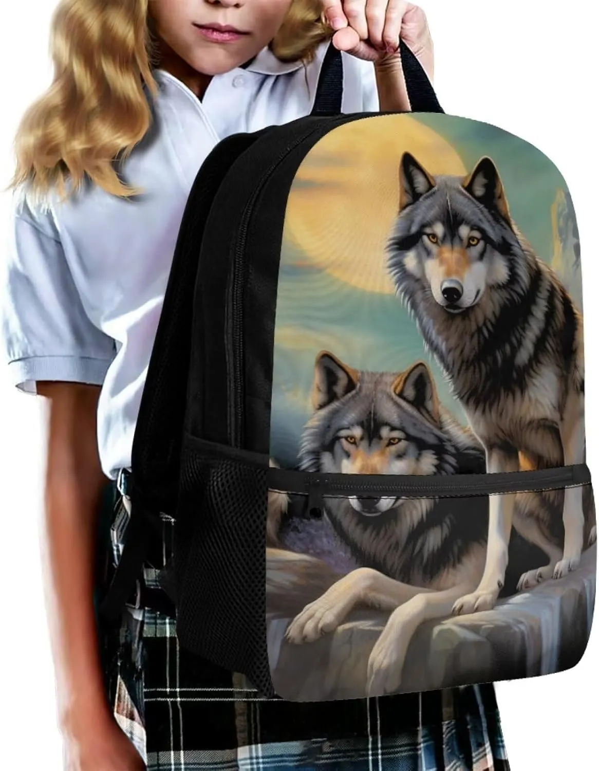 Cool Wolf Kids Backpack for Boys 8-12 Middle School Bookbag Kids School Bag With Water Bottle Holder Teenager Book Bags 3Ed-6Th Grade17inch Children Schoolbag Back To School