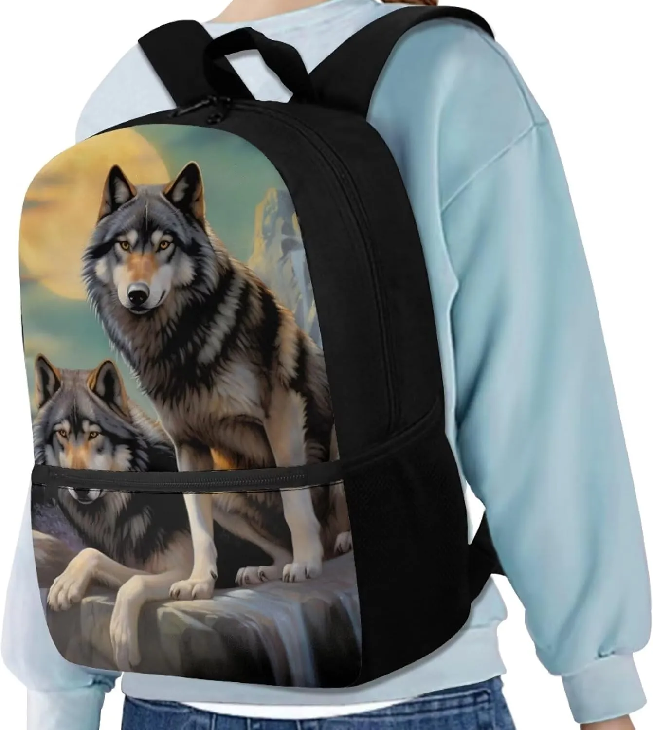 Cool Wolf Kids Backpack for Boys 8-12 Middle School Bookbag Kids School Bag With Water Bottle Holder Teenager Book Bags 3Ed-6Th Grade17inch Children Schoolbag Back To School