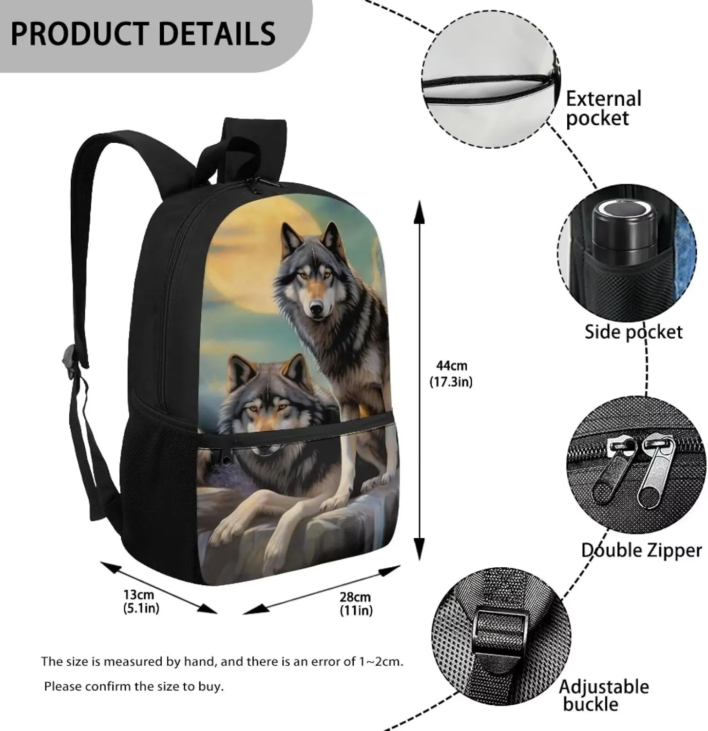 Cool Wolf Kids Backpack for Boys 8-12 Middle School Bookbag Kids School Bag With Water Bottle Holder Teenager Book Bags 3Ed-6Th Grade17inch Children Schoolbag Back To School