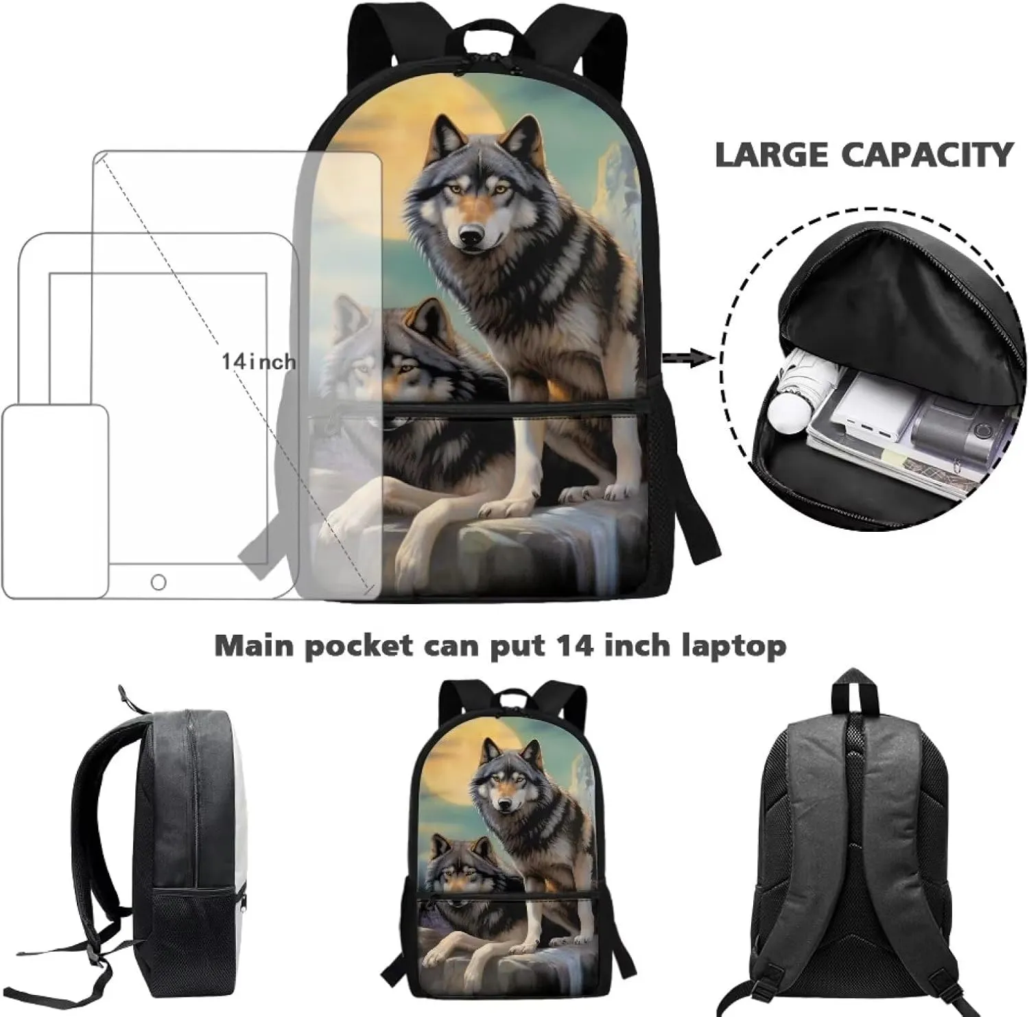 Cool Wolf Kids Backpack for Boys 8-12 Middle School Bookbag Kids School Bag With Water Bottle Holder Teenager Book Bags 3Ed-6Th Grade17inch Children Schoolbag Back To School