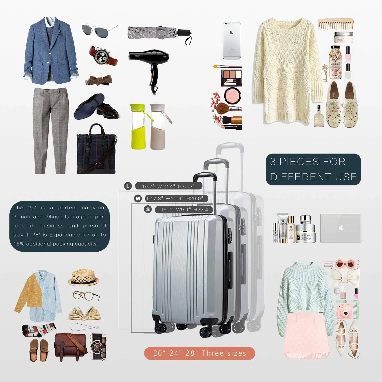 Coolife Luggage Suitcase PC ABS with TSA Lock Spinner Carry on Hardshell Lightweight 20in 24in 28in(white, S(20in_carry on))