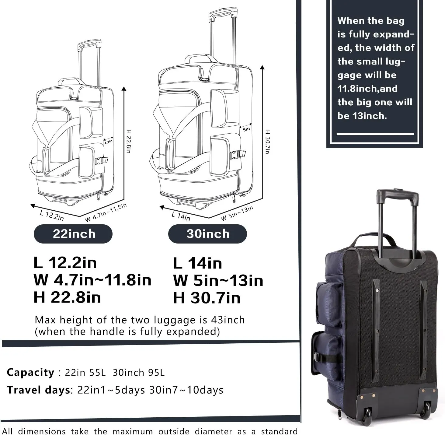 Coolife Rolling Duffel Travel Duffel Bag Wheeled Duffel Suitcase Luggage 8 Pockets 30in