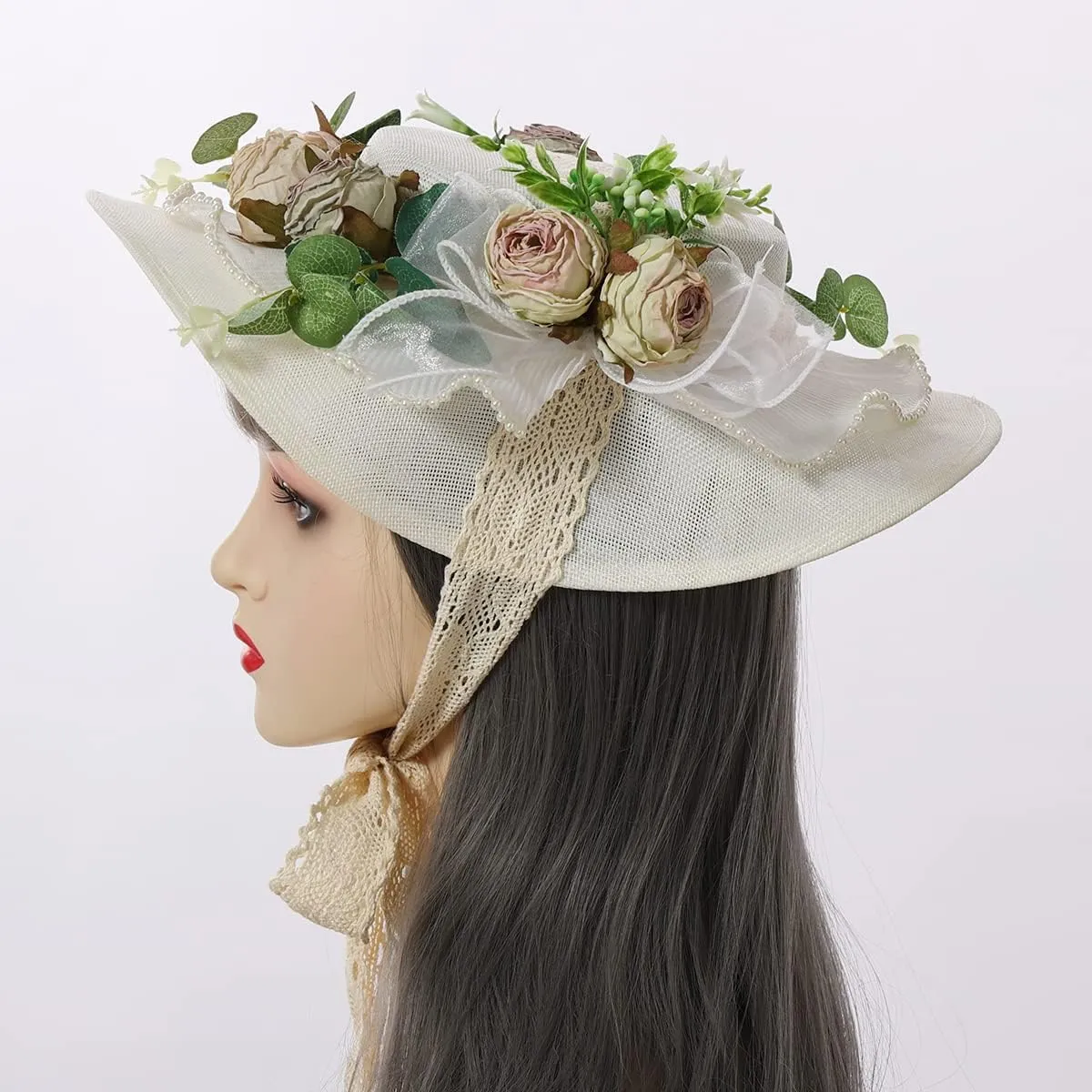 COSDREAMER Girls Women Victorian Tea Party Sun Hat Bows Flowers Straw Hats