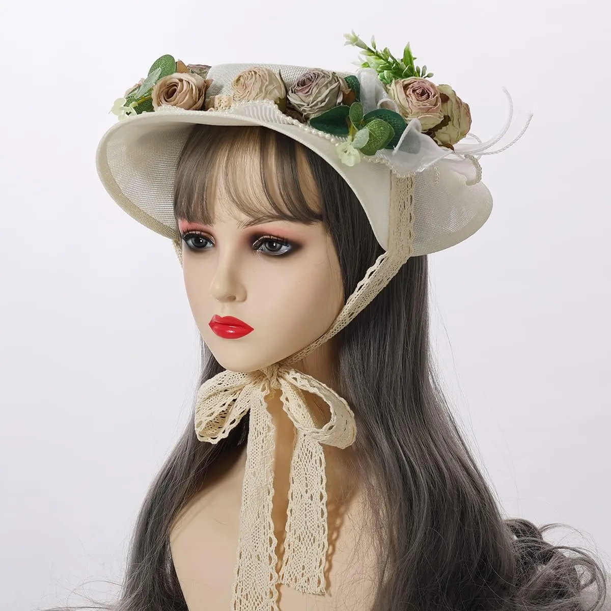 COSDREAMER Girls Women Victorian Tea Party Sun Hat Bows Flowers Straw Hats