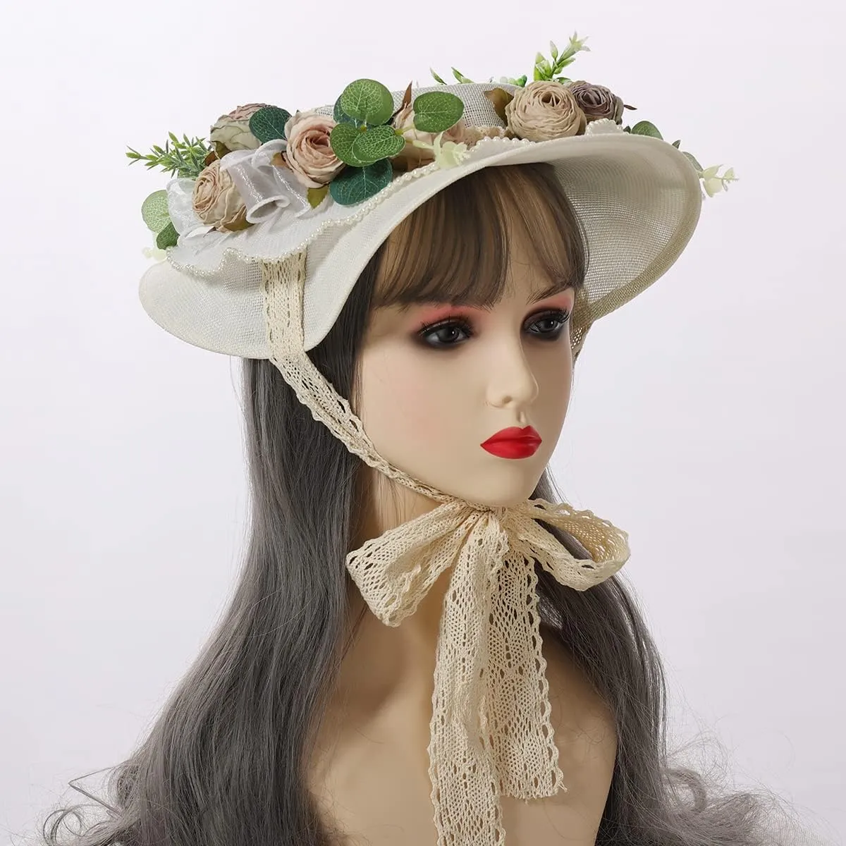 COSDREAMER Girls Women Victorian Tea Party Sun Hat Bows Flowers Straw Hats