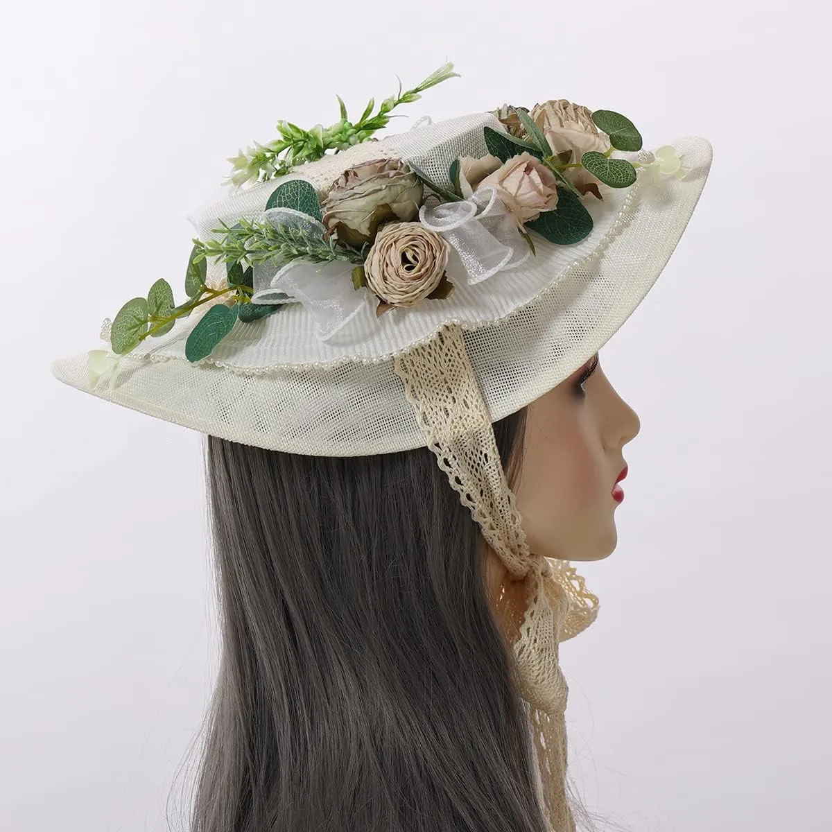 COSDREAMER Girls Women Victorian Tea Party Sun Hat Bows Flowers Straw Hats