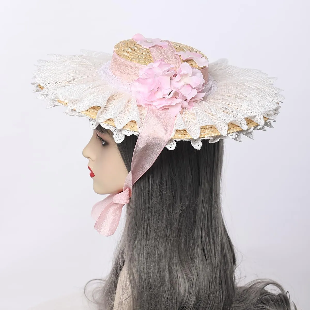 COSDREAMER Girls Women Victorian Tea Party Sun Hat Bows Flowers Straw Hats