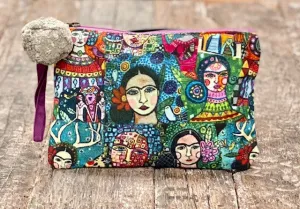 COTTON FRIDA PRINT POMPOM CLUTCH