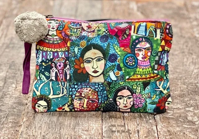 COTTON FRIDA PRINT POMPOM CLUTCH