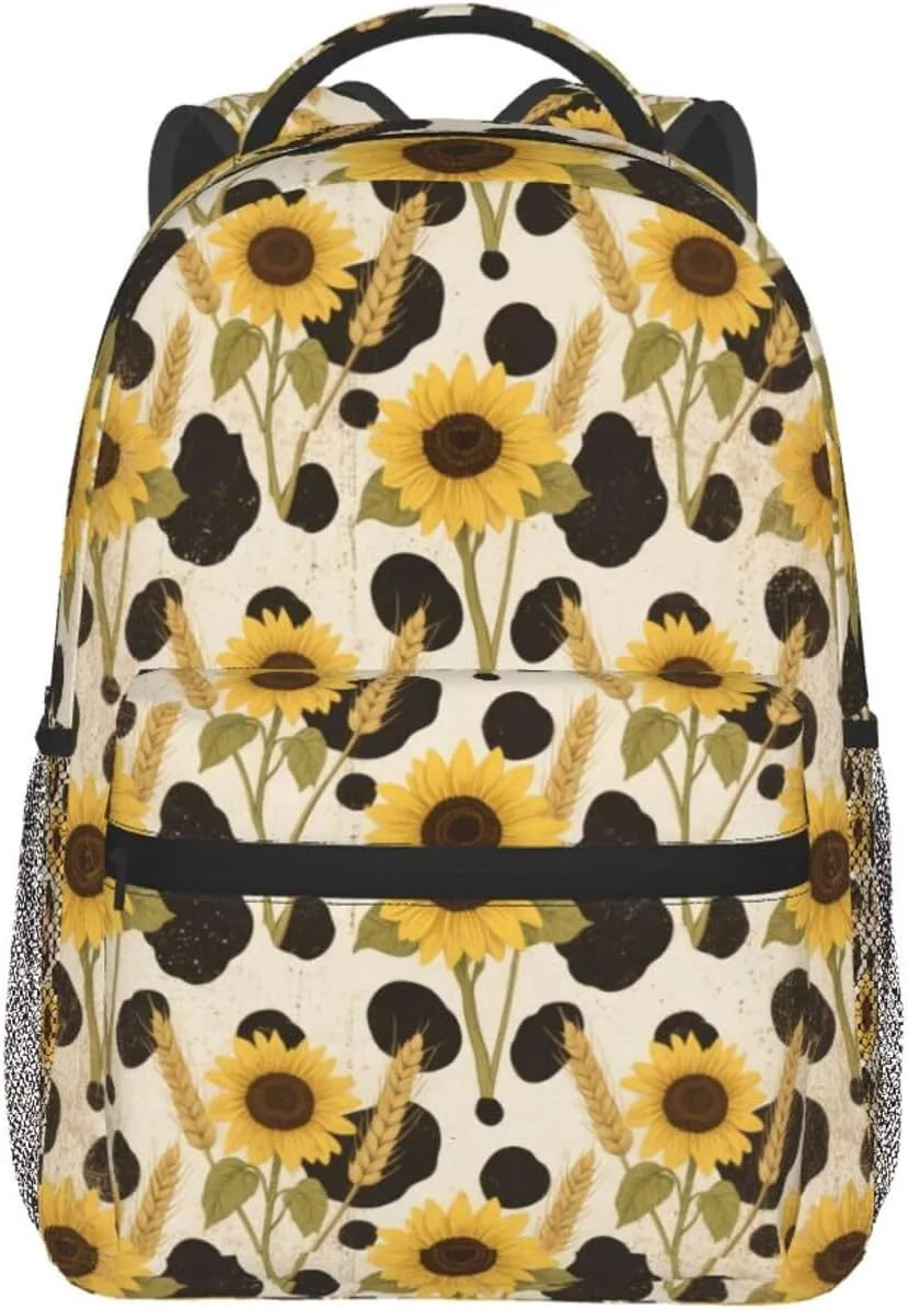 Cow Spot Sunflower Wheat Ear Adult Backpacks 15 Inch Laptop Backpack Travel Bag for Men Women Gifts