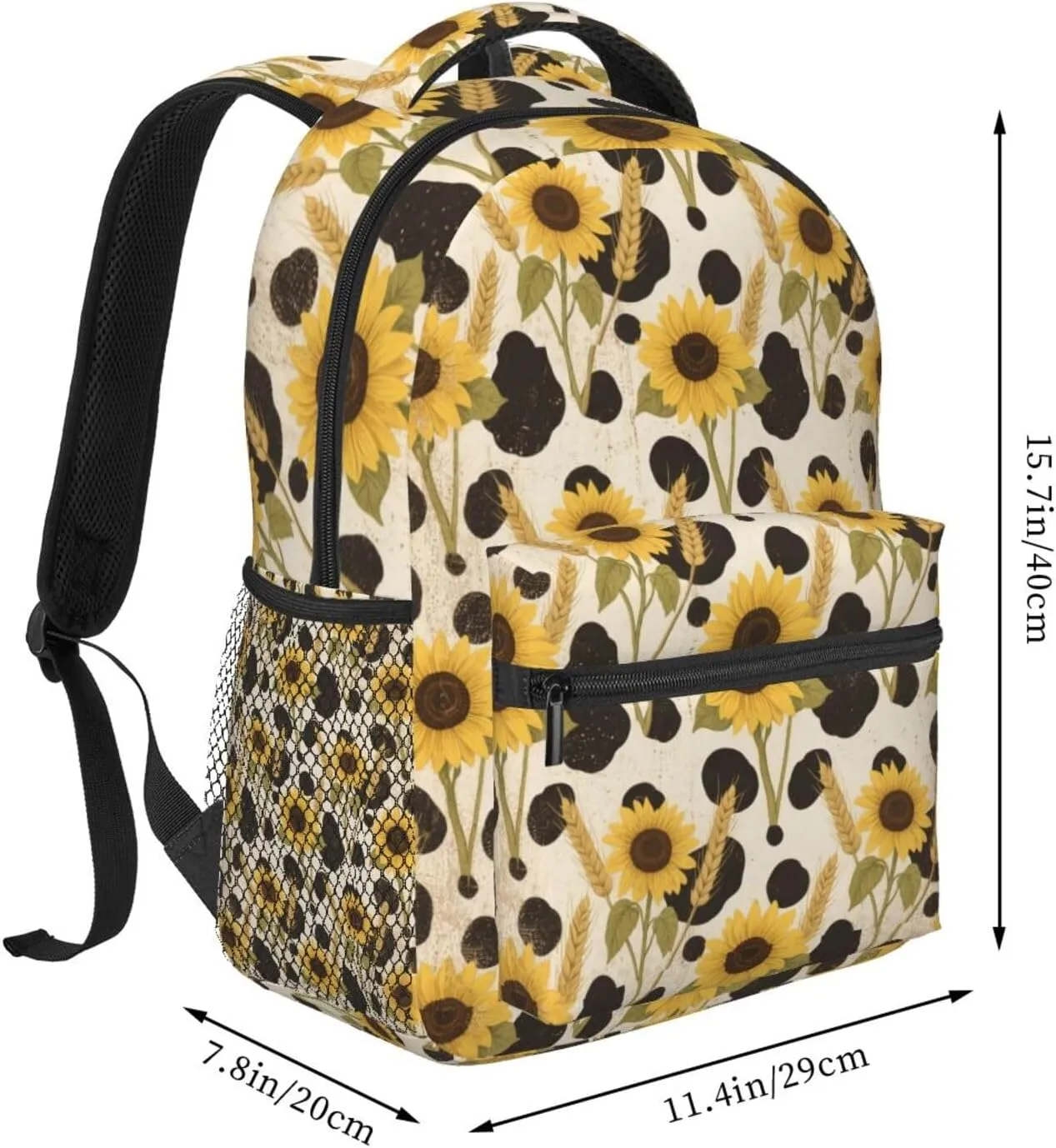 Cow Spot Sunflower Wheat Ear Adult Backpacks 15 Inch Laptop Backpack Travel Bag for Men Women Gifts