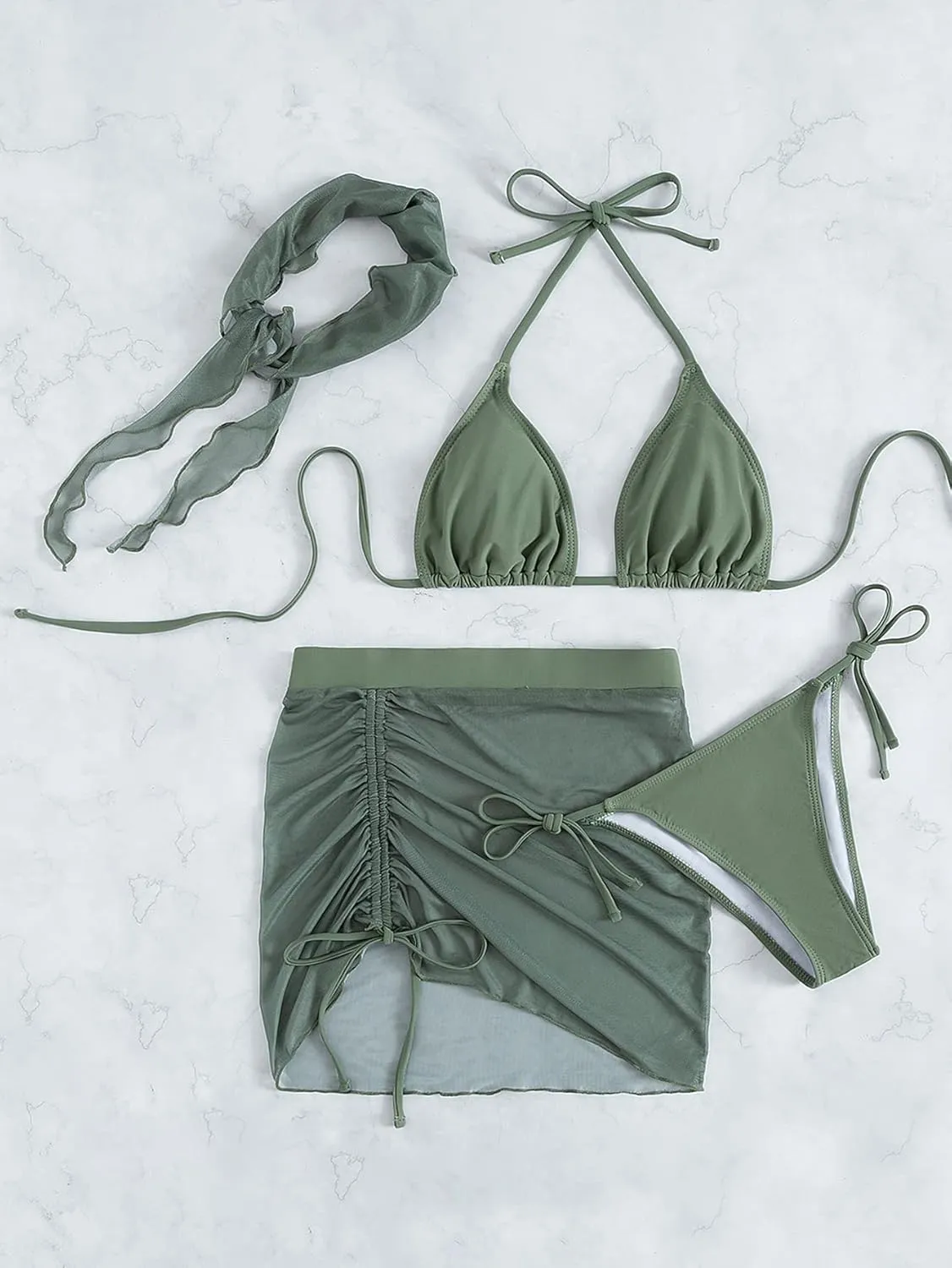COZYEASE Women's 4 Piece Swimsuits Sexy Bikini Sets Triangle Bathing Suit with Mesh Cover Up Beach Skirt & Bandana