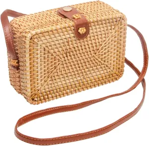CrazyPiercing Wicker Round Square Crossbody Rattan Bag, Women Boho Bag Clutch Woven Handbag