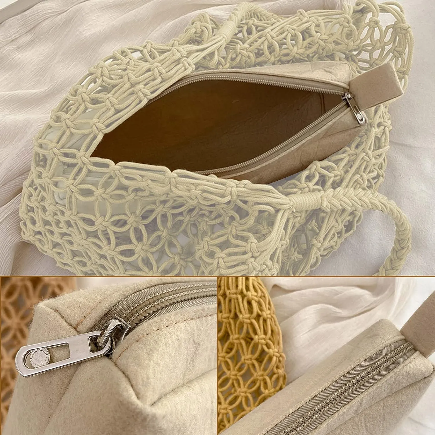 Crochet Mesh Tote Beach Bag Woven Hollow Out Handbag, Straw Rattan Net Shoulder Purse Summer Armpit Bag for Women