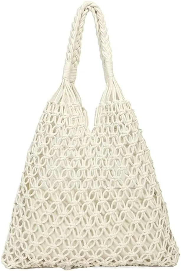 Crochet Mesh Tote Beach Bag Woven Hollow Out Handbag, Straw Rattan Net Shoulder Purse Summer Armpit Bag for Women
