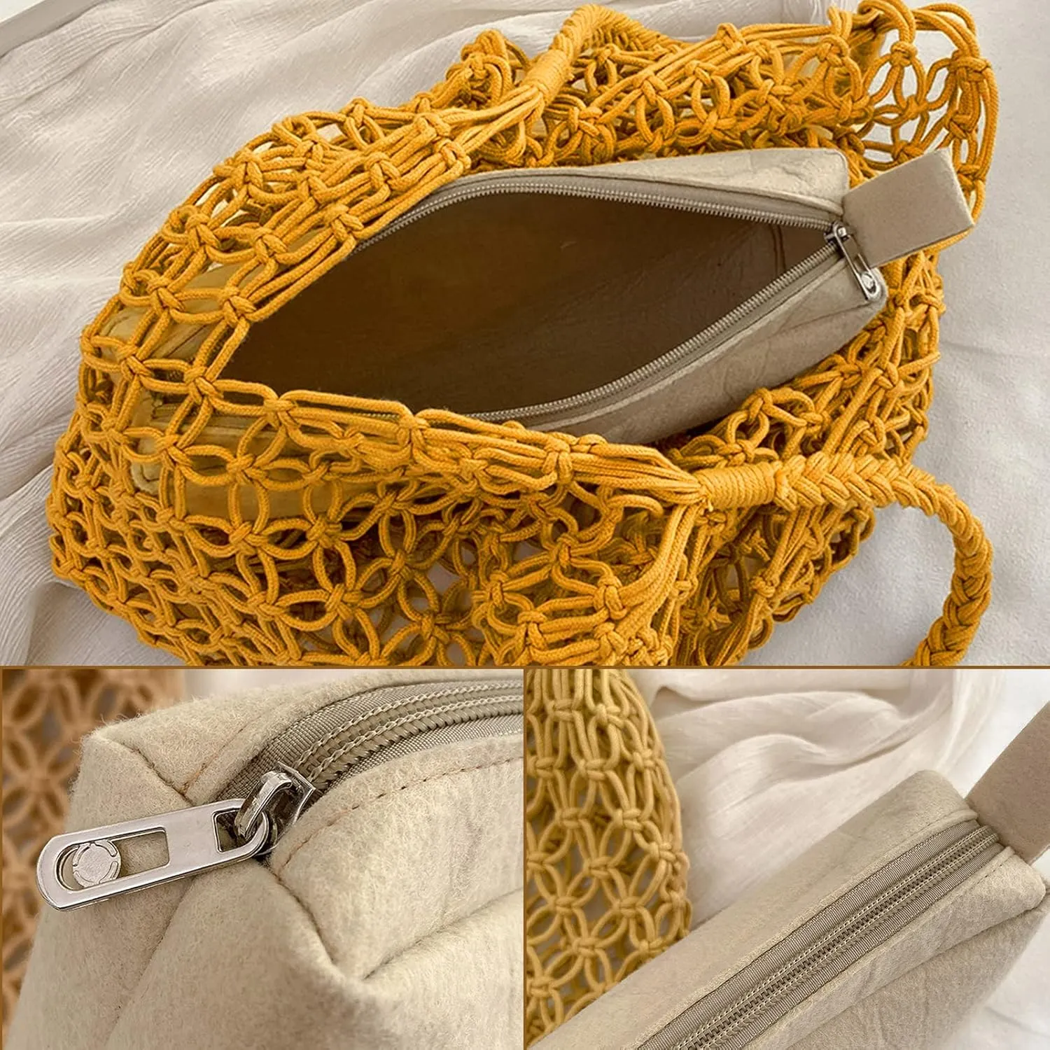Crochet Mesh Tote Beach Bag Woven Hollow Out Handbag, Straw Rattan Net Shoulder Purse Summer Armpit Bag for Women