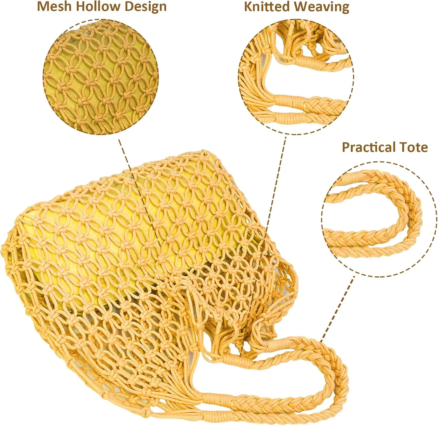Crochet Mesh Tote Beach Bag Woven Hollow Out Handbag, Straw Rattan Net Shoulder Purse Summer Armpit Bag for Women