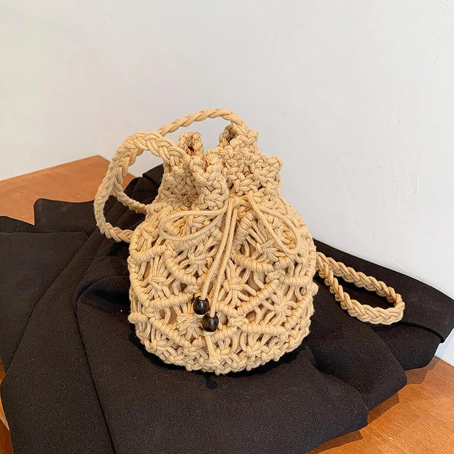 Crossbody Bag for Women Ladies Crossbody Bag Literary Single Shoulder Vintage Cotton Woven Drawstring Fresh Beach