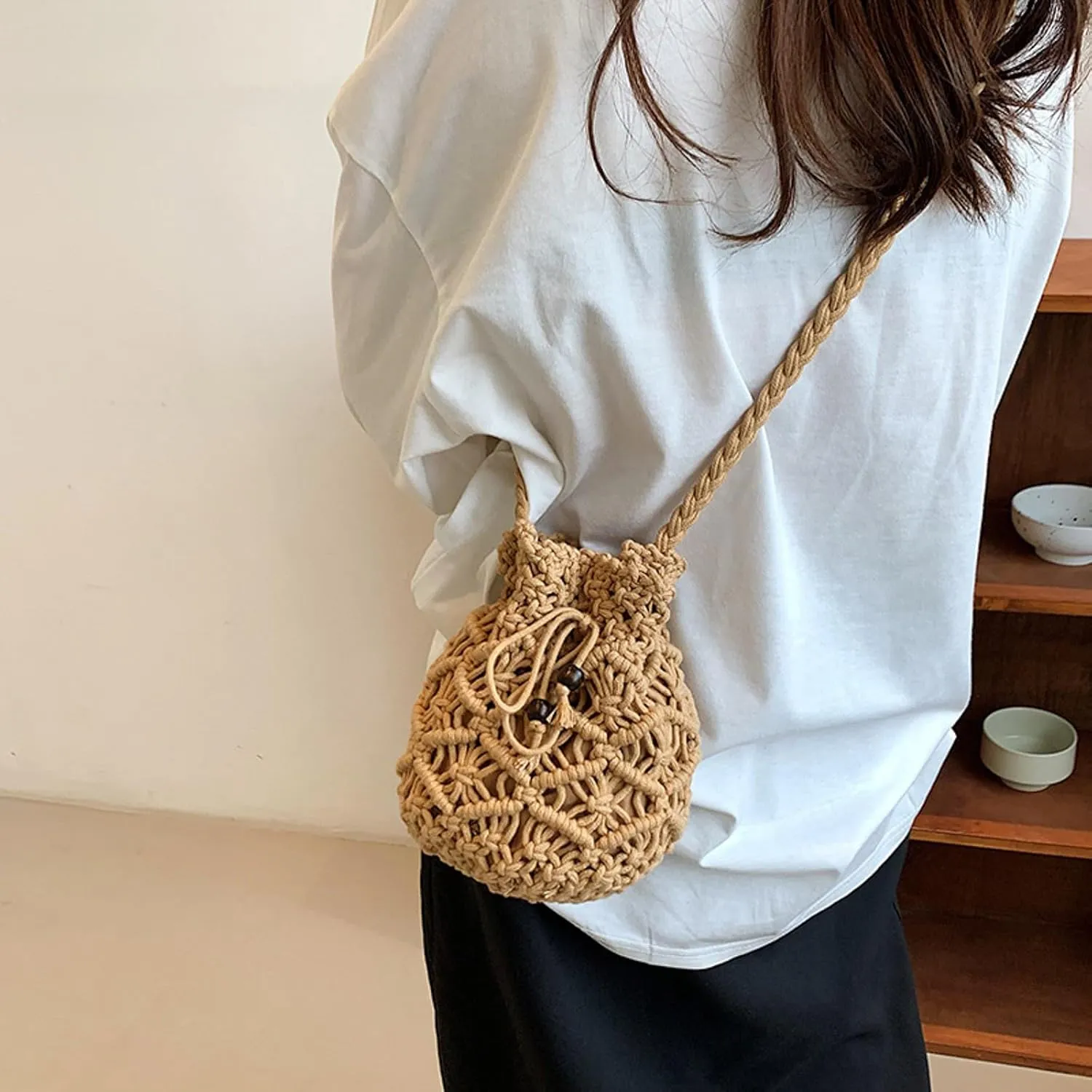 Crossbody Bag for Women Ladies Crossbody Bag Literary Single Shoulder Vintage Cotton Woven Drawstring Fresh Beach