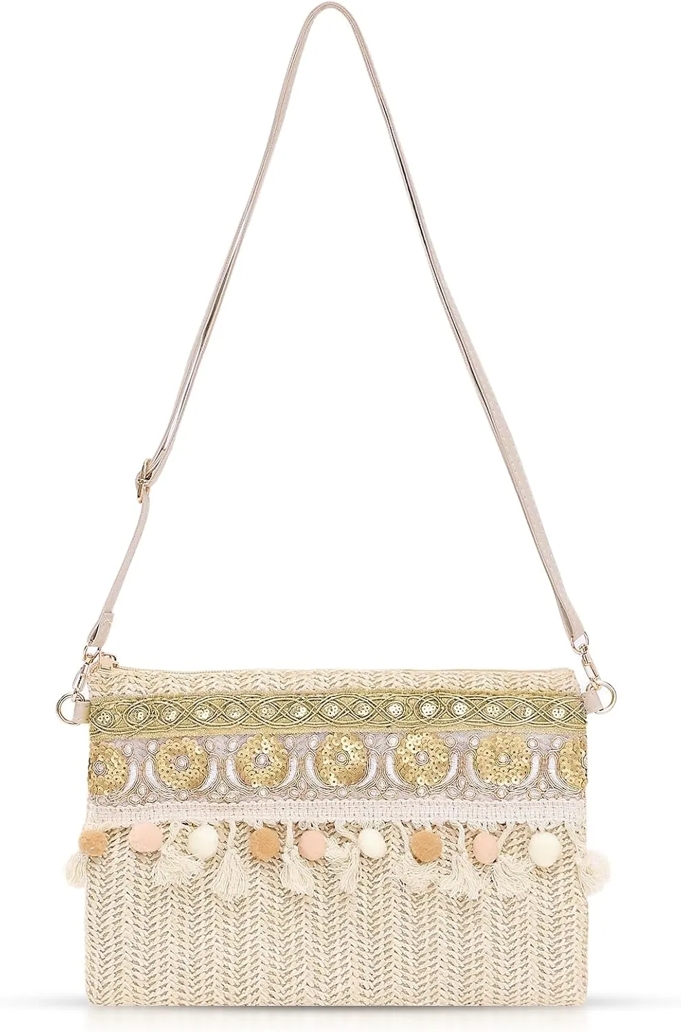 Crossbody Bag for Women, Tasseled Sequins Clutch Purses, Bohemian Handmade Woven Handbags, Summer Beach Bag, Envelope Wallet