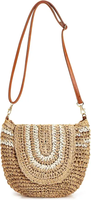 Crossbody Bags for Women, Flip-Top Beach Bag, Bohemian Soft Straw Bag, Shoulder Bag Suitable for Vacation Travel Daily(Khaki)