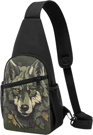 Crossbody Sling Backpack Sling Bag for Men Women Cross Chest Bag Shoulder Bag Camouflage Wolf Image Travel Hiking Daypack