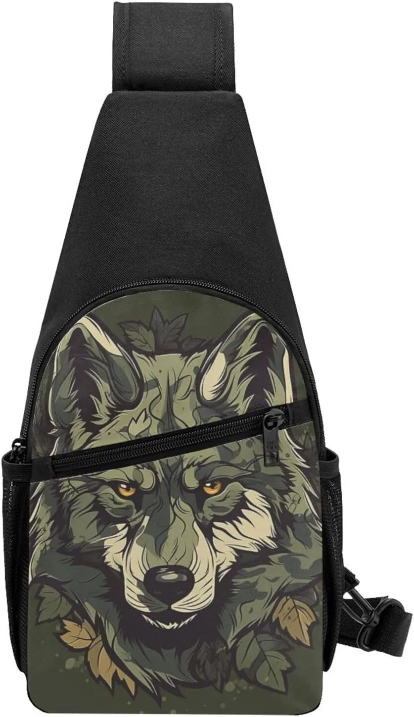 Crossbody Sling Backpack Sling Bag for Men Women Cross Chest Bag Shoulder Bag Camouflage Wolf Image Travel Hiking Daypack