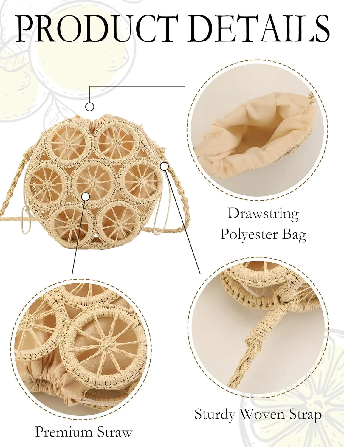 Crossbody Straw Bags for Women, Hollowed-out Lemon Hand Woven Shoulder Bag with Rattan Strap, Trendy 2025 Beach Purses