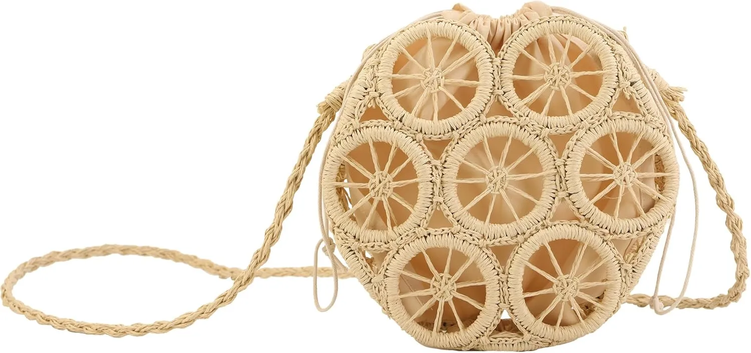 Crossbody Straw Bags for Women, Hollowed-out Lemon Hand Woven Shoulder Bag with Rattan Strap, Trendy 2025 Beach Purses