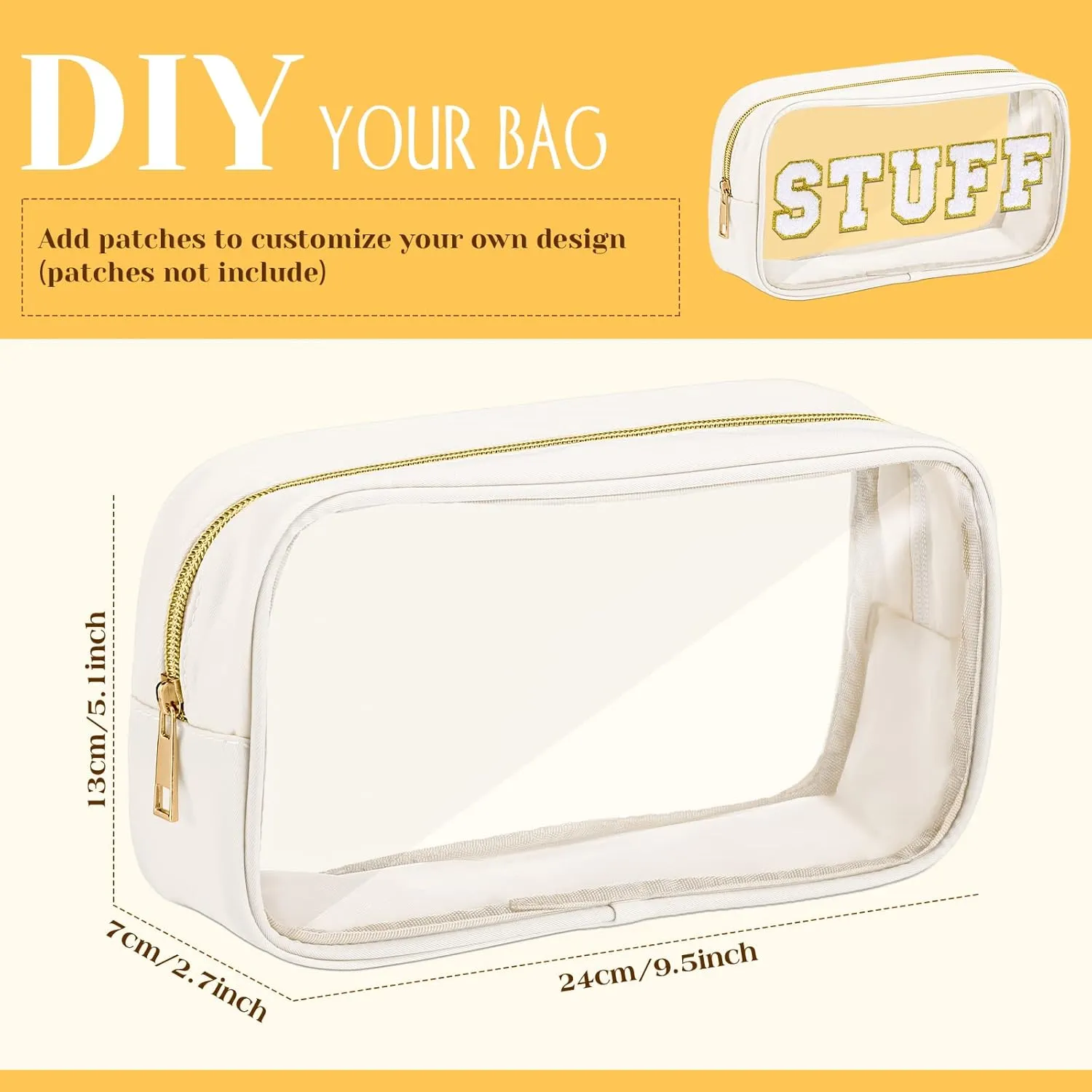 Cunno 9 Pcs Preppy Clear Makeup Bag DIY Chenille Letter Pouch Large Nylon Makeup Bag Travel Toiletry Zipper Cosmetic Organizer Pouch PVC Bags for Women, 9.5 x 5.1 x 2.8 Inch(Cream White)