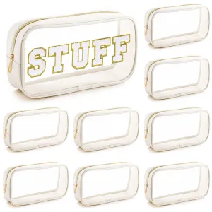 Cunno 9 Pcs Preppy Clear Makeup Bag DIY Chenille Letter Pouch Large Nylon Makeup Bag Travel Toiletry Zipper Cosmetic Organizer Pouch PVC Bags for Women, 9.5 x 5.1 x 2.8 Inch(Cream White)