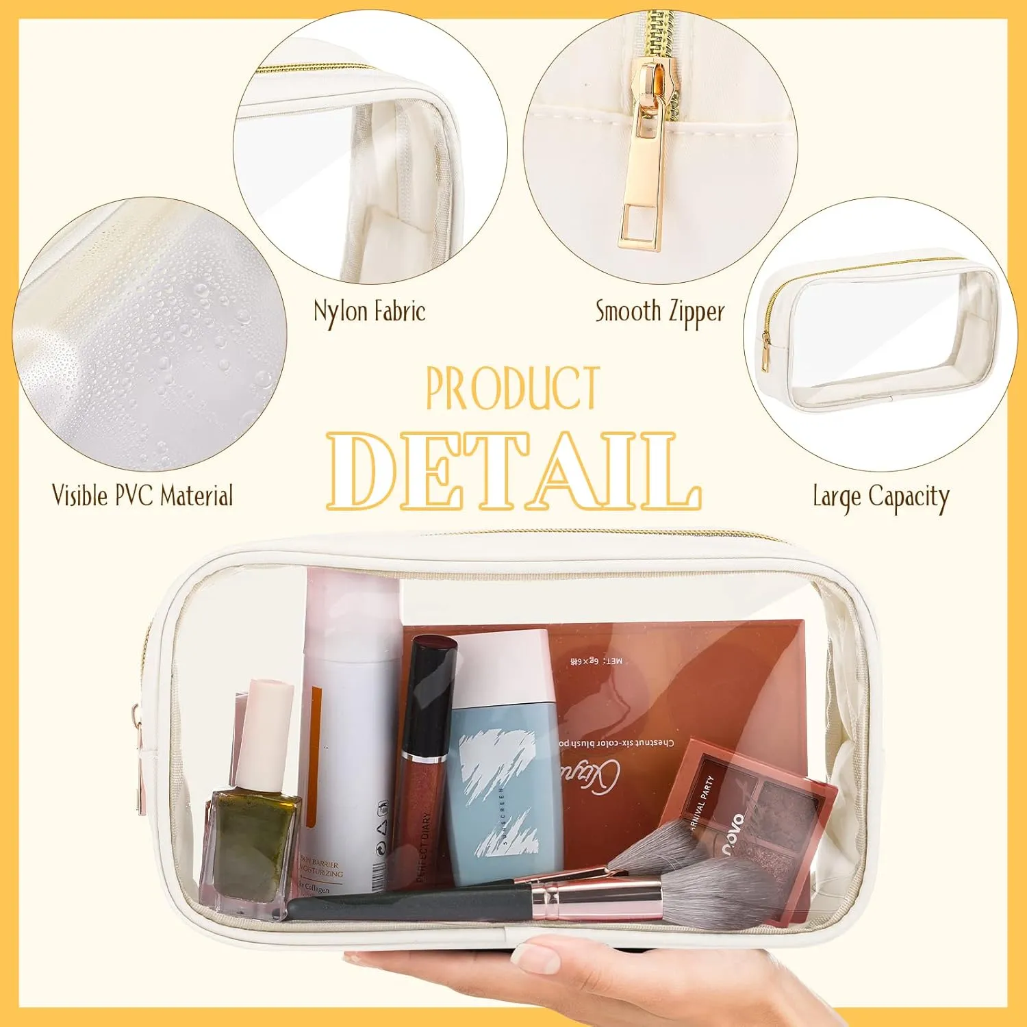 Cunno 9 Pcs Preppy Clear Makeup Bag DIY Chenille Letter Pouch Large Nylon Makeup Bag Travel Toiletry Zipper Cosmetic Organizer Pouch PVC Bags for Women, 9.5 x 5.1 x 2.8 Inch(Cream White)