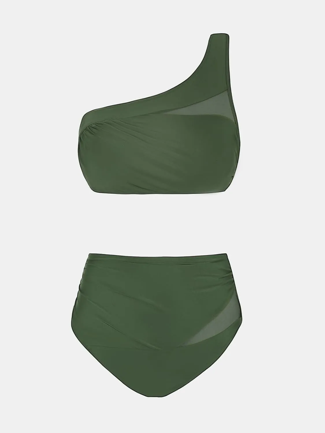 CUPSHE Women's Bikini Sets One Shoulder Two Piece Swimsuit High Waisted Asymmetrical Neck Ruched Cutout Mesh